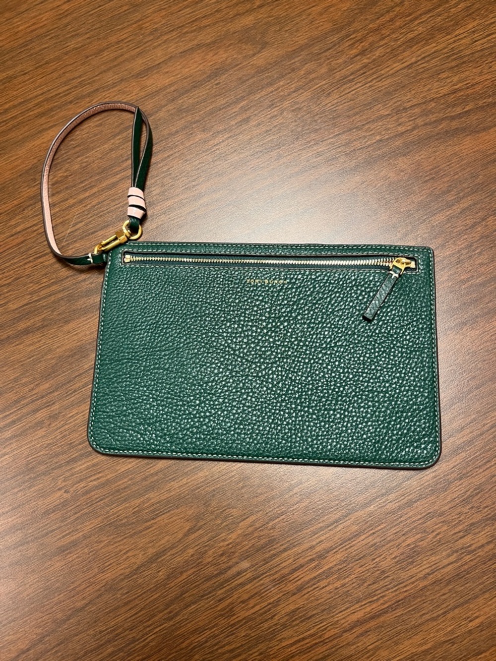 Tory Burch Green Pebbled Leather Wristlet Clutch
